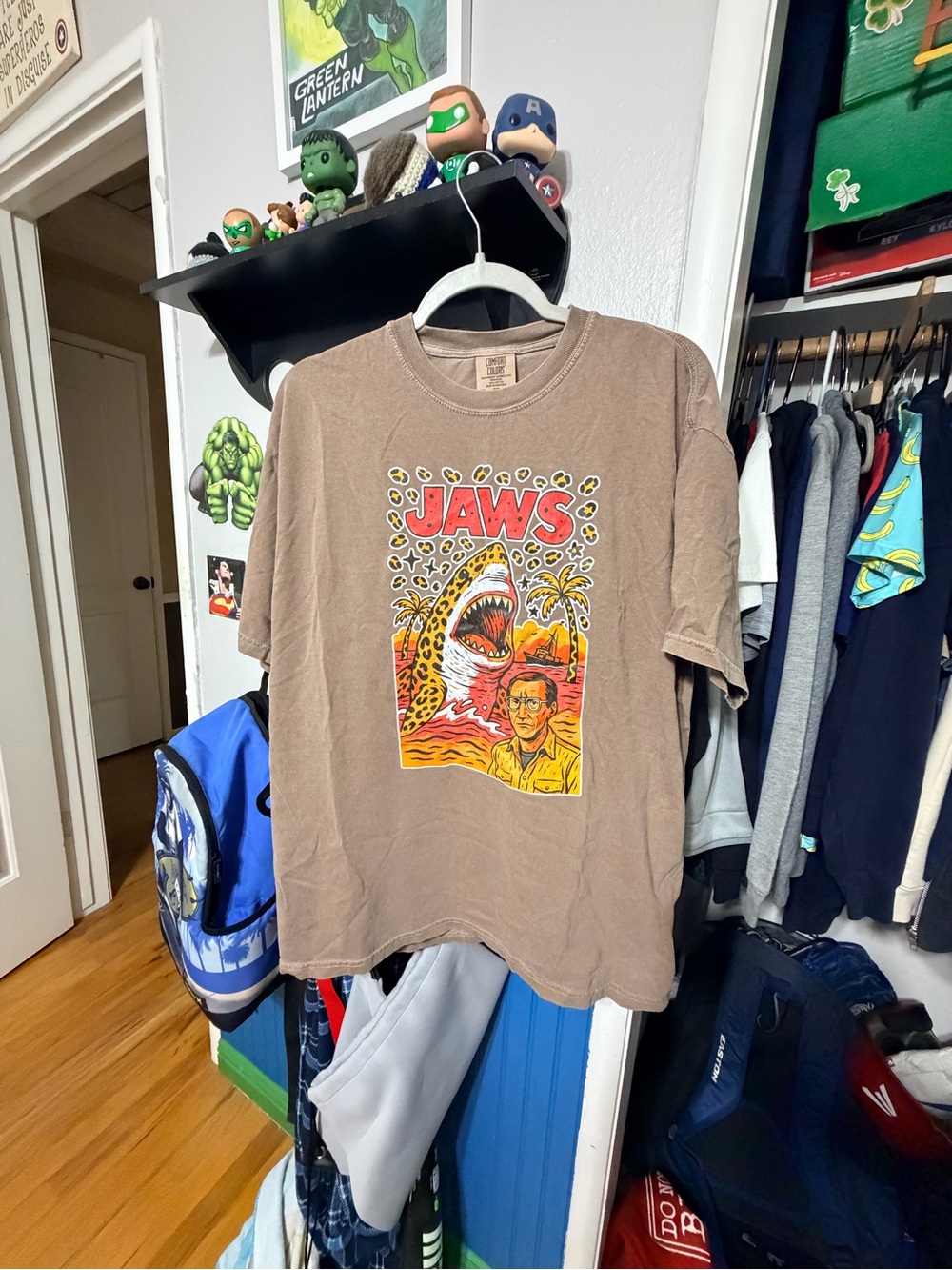 Comfort Colors Brown Graphic Crewneck T-Shirt with Red & Yellow Print